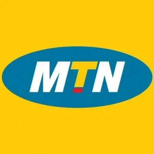 Africa photo — Logo de MTN composé d’un ovale bleu avec le texte MTN en blanc et un petit point rouge à droite, sur fond jaune vif