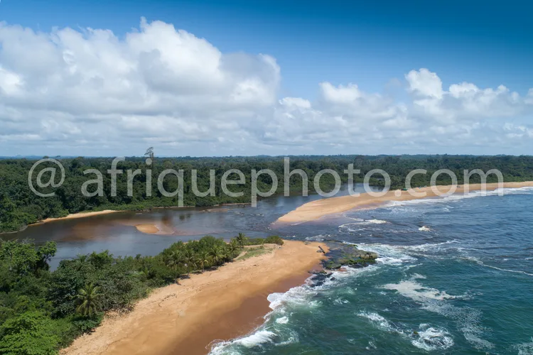 Africa photo — Vue aérienne d’une plage de sable clair bordée d’une forêt dense à gauche et d’un océan aux vagues bleutées à droite, sous un ciel déga