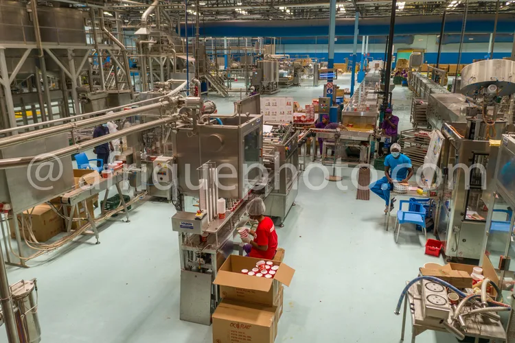 Africa photo — Vue aérienne d'une usine de production alimentaire où des employés en combinaisons de travail manipulent des machines automatisées pour