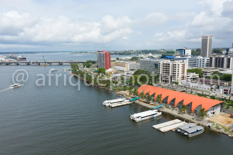 Africa photo — Vue aérienne d’un port urbain où l’on aperçoit un pont enjambant une large étendue d’eau, des bateaux amarrés le long d’un quai ombragé