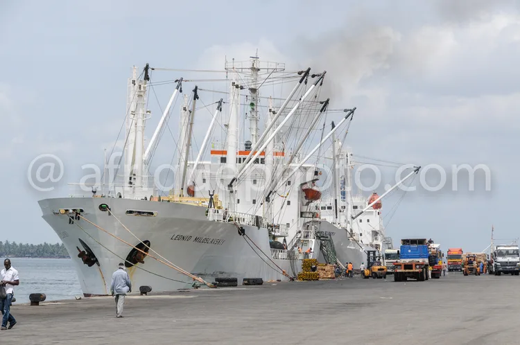 Africa photo — Un grand navire cargo nommé Léonid Miloslavsky est amarré au port. Des travailleurs manipulent des câbles et des charges, tandis que de