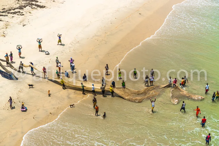 Africa photo — Groupe de pêcheurs sur une plage de sable fin, travaillant ensemble pour ramasser et étendre un grand filet de pêche géant sur le rivag