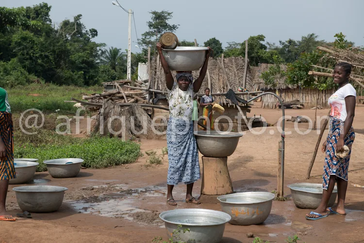 Africa photo — Une femme porte un grand bol métallique rempli de nourriture sur sa tête dans un espace extérieur. Autour d'elle, plusieurs bassines et