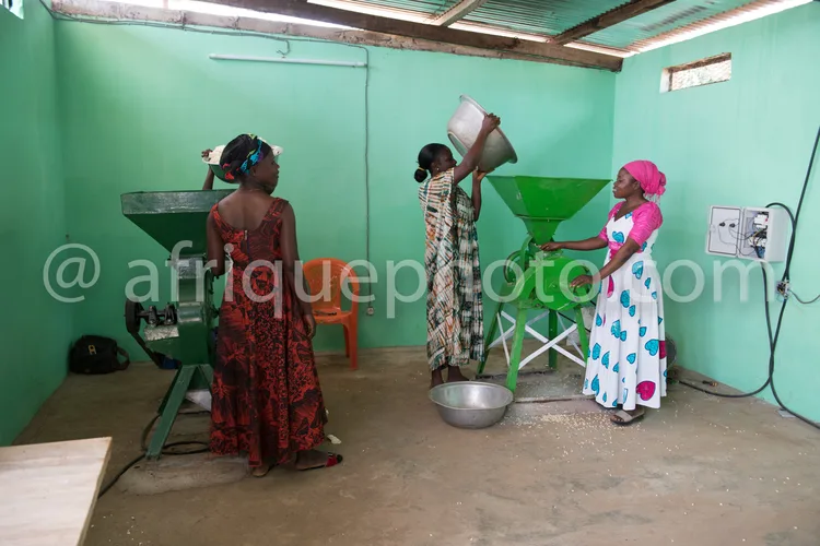 Africa photo — Une pièce verte avec trois femmes en tenue traditionnelle. À gauche, une femme verse des céréales dans un moulin manuel. Au centre, une