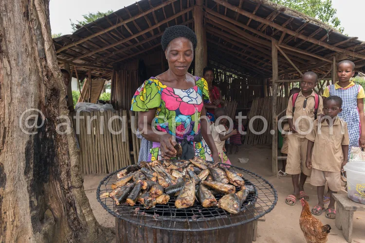 Africa photo — Une femme en tenue colorée grille des poissons entiers sur un barbecue en métal posé sur un trépied en bois, entourée d’enfants observa
