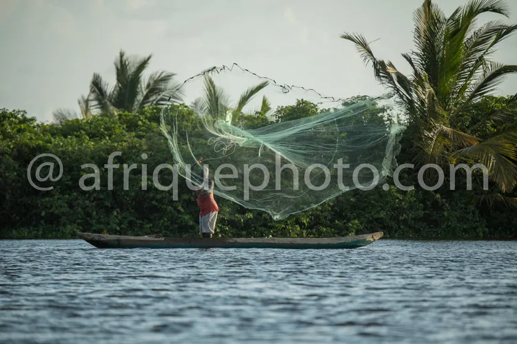 Africa photo — Un pêcheur en tenue rouge se tient sur une pirogue en bois et lance un large filet transparent dans une eau calme entourée de végétatio