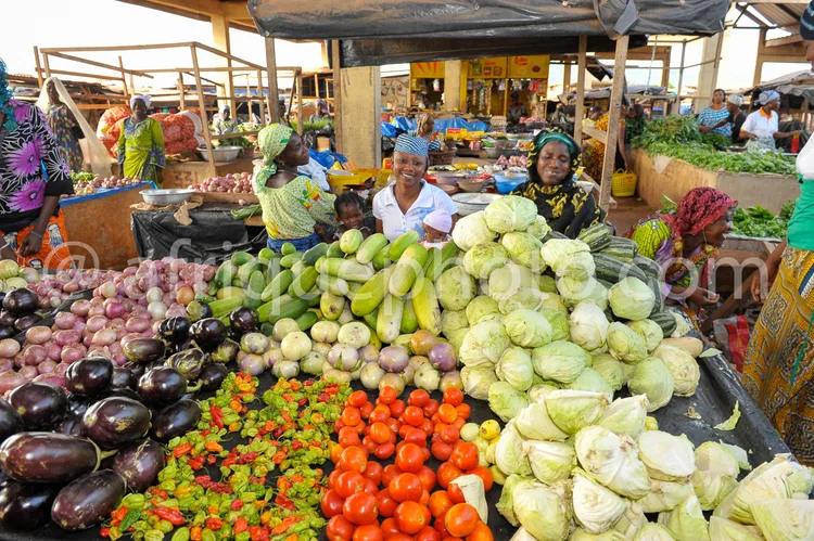 Africa photo — Deux femmes souriantes derrière un étalage regorgeant de légumes frais : tomates rouges, aubergines violettes, choux blancs, oignons et