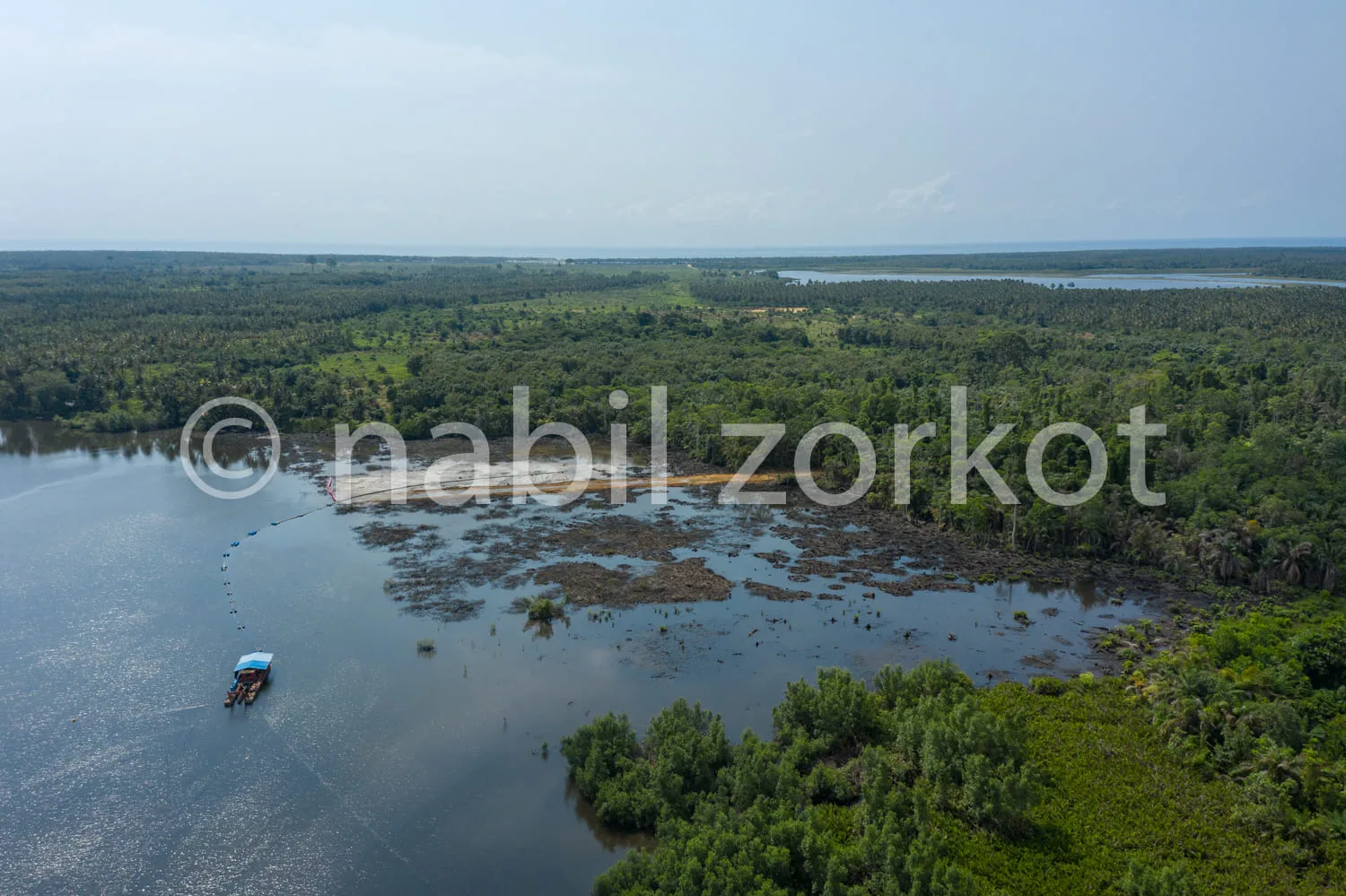 Africa photo — Vue aérienne d’un bateau coloré navigant sur un fleuve bordé de mangroves luxuriantes, avec une étendue d’eau peu profonde et des racin