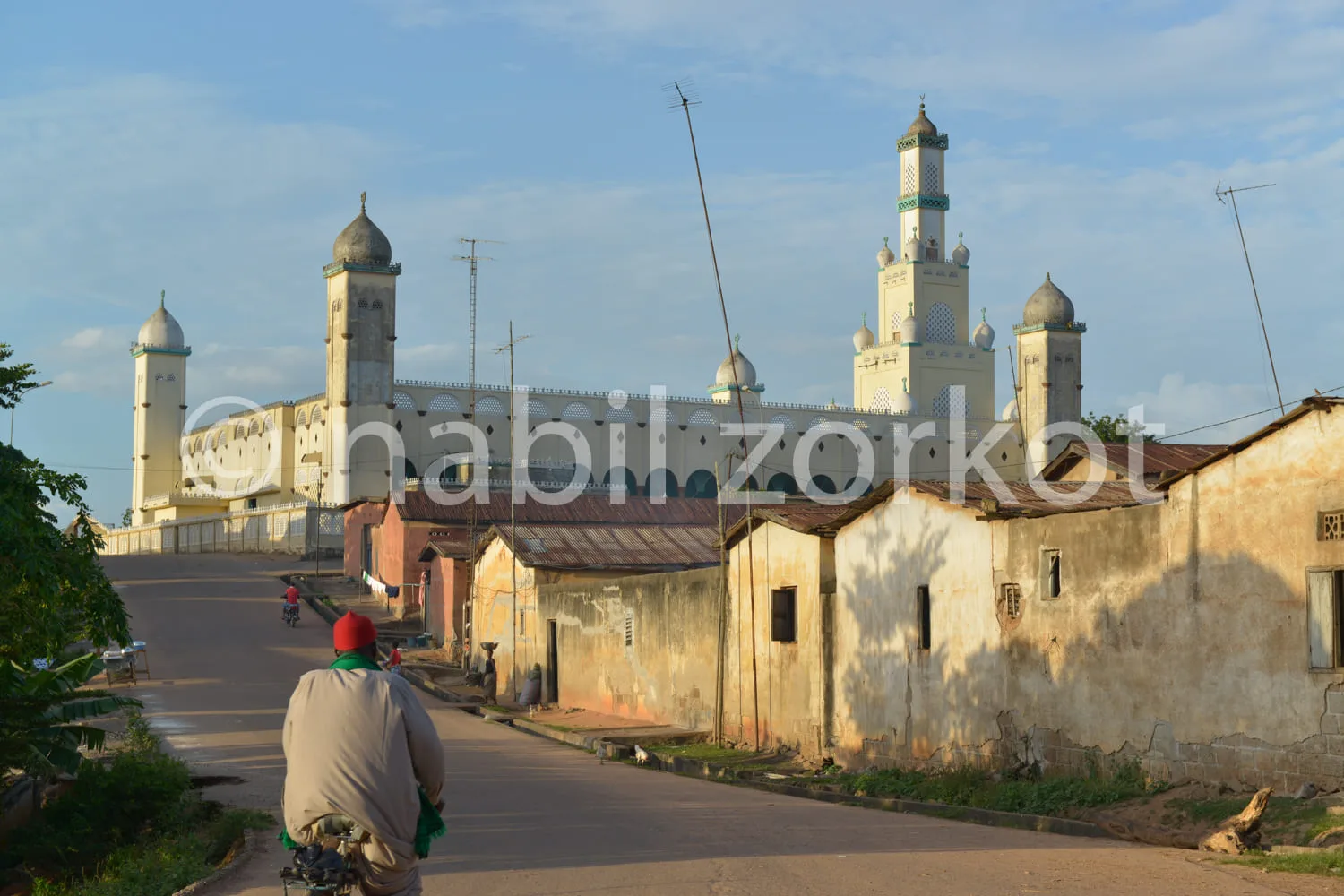 Africa photo — Un homme en tenue légère, dos tourné, pédale un vélo sur une route en terre battue. Au loin, une imposante mosquée aux minarets blancs