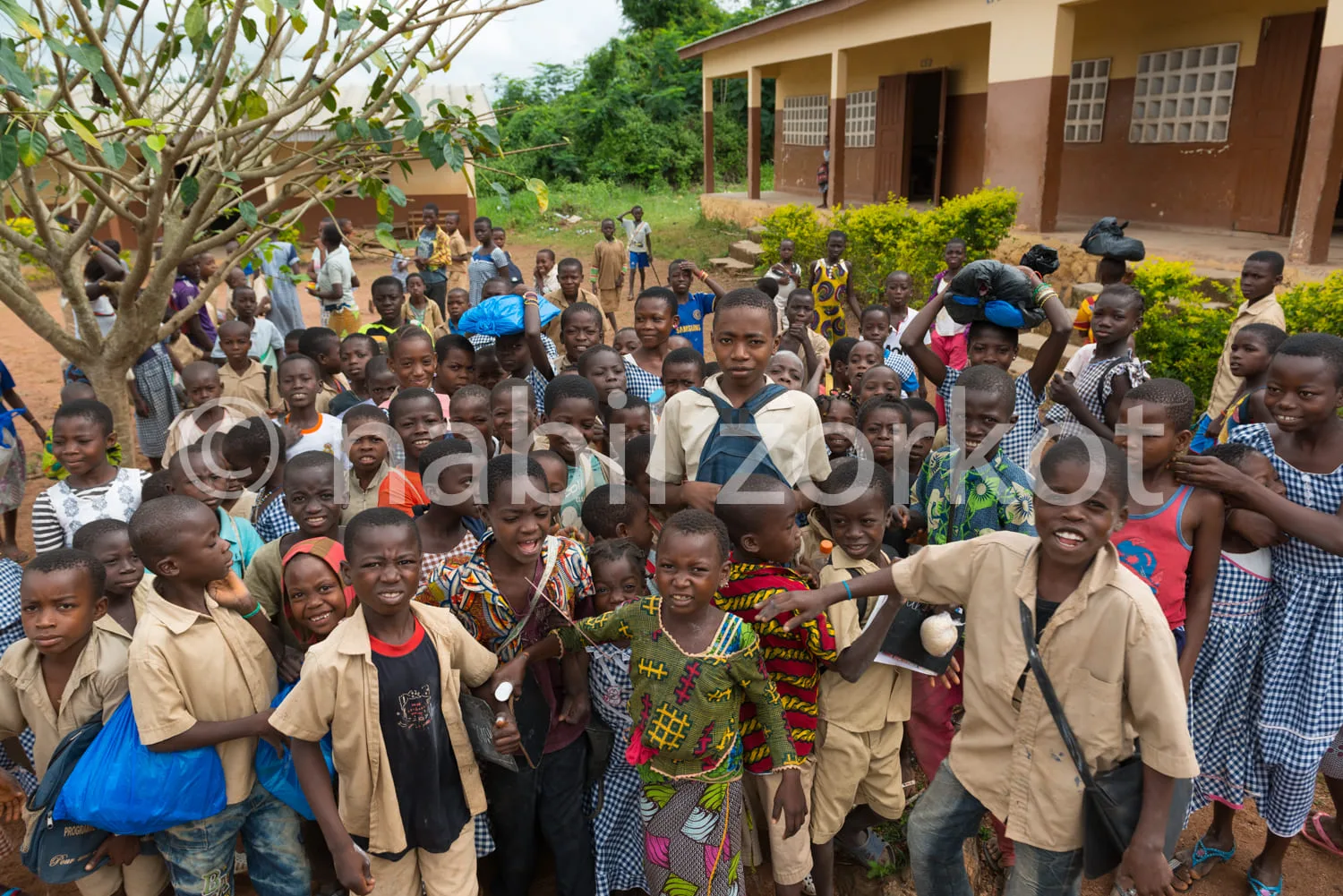 Africa photo — Un groupe joyeux d'environ cinquante enfants, vêtus d'uniformes scolaires variés, posent devant une école en milieu rural. Certains por